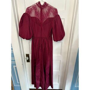 VTG Dramatic Burgundy Lace + Tulle Bubble Sleeves with High Neck + Sweetheart Ne